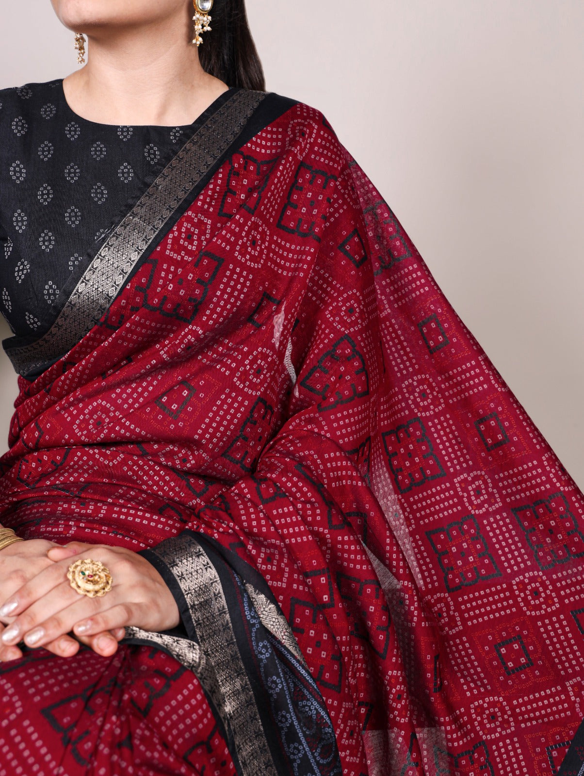 Kayatri New polyester viscose Chanderi, styled in Bandhej beauty saree