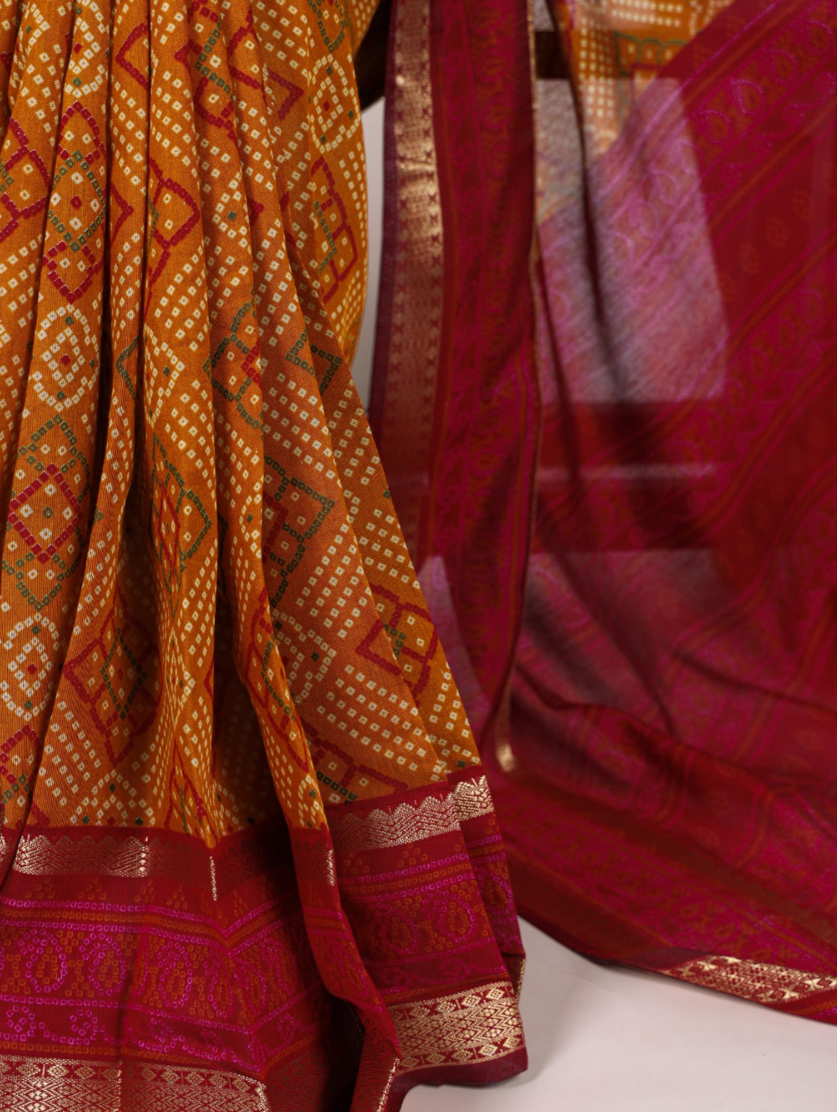 Kayatri New polyester viscose Chanderi, styled in Bandhej beauty saree