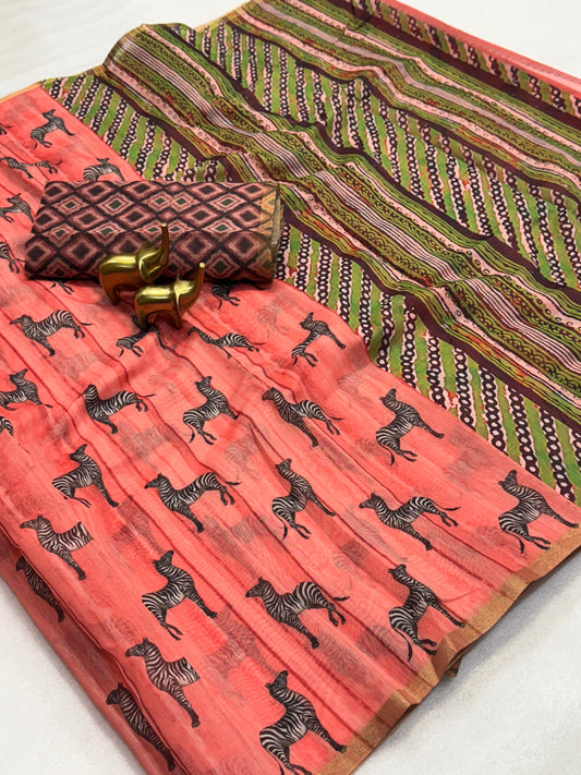 Kayatri New Pure malai cotton saree with zari border and beautiful printed Blouse.