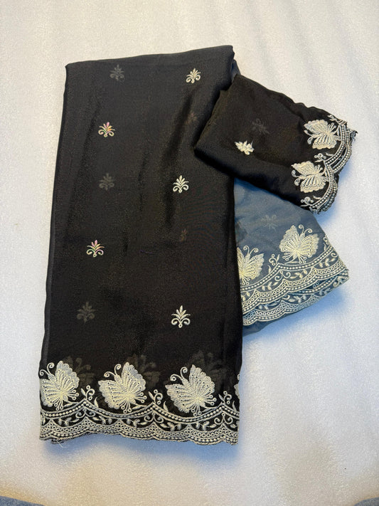 Kayatri New Partywear Soft peddling crunchy  saree with beautiful embroidery white thread work design