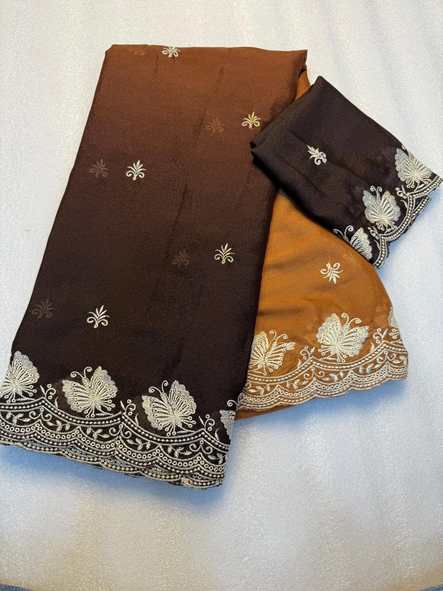 Kayatri New Partywear Soft peddling crunchy  saree with beautiful embroidery white thread work design