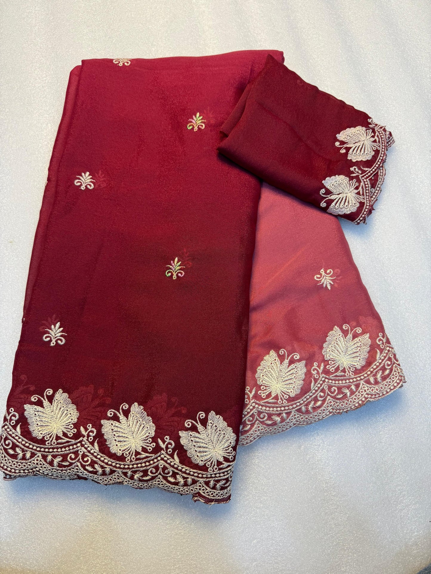 Kayatri New Partywear Soft peddling crunchy  saree with beautiful embroidery white thread work design