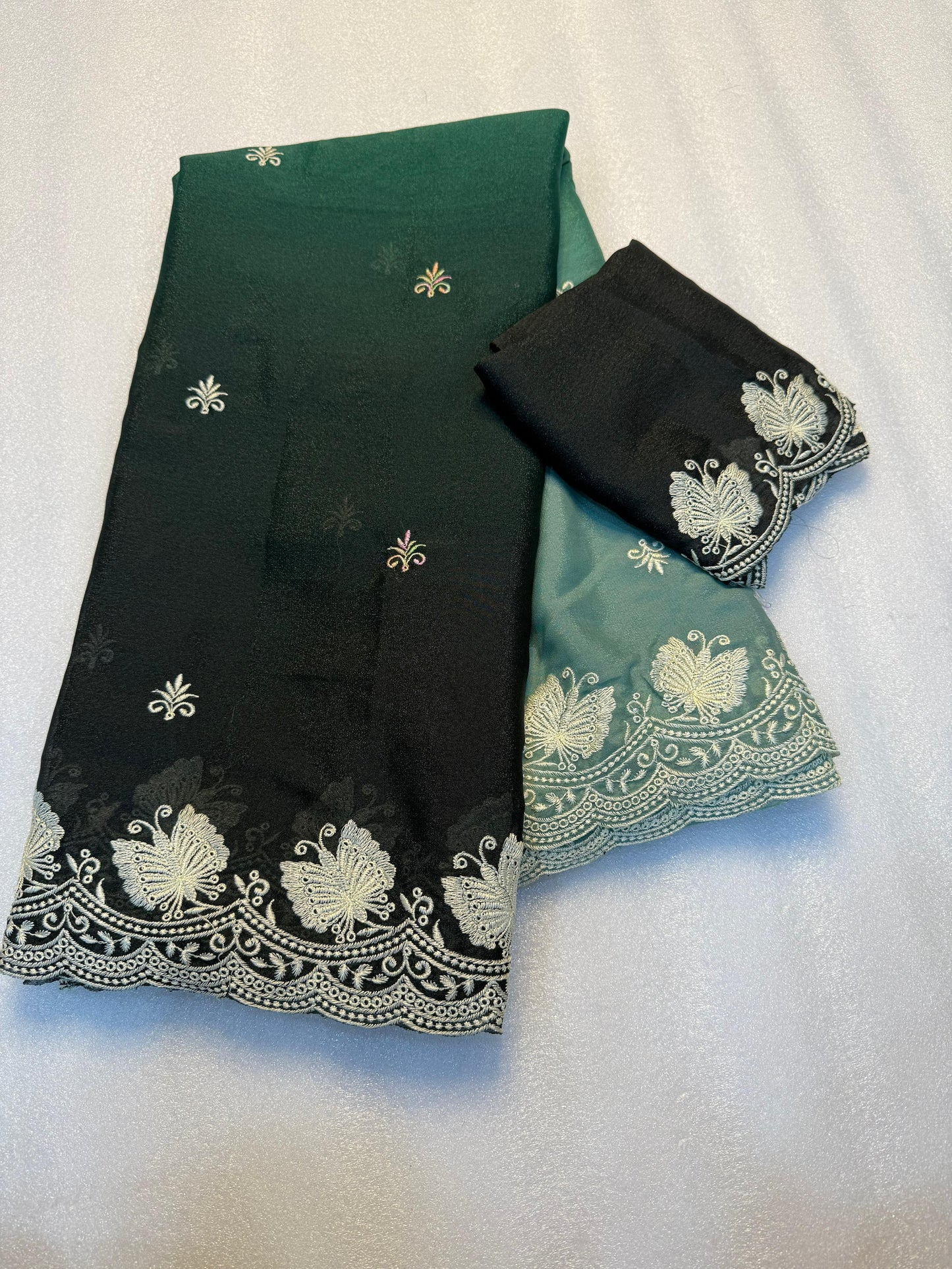 Kayatri New Partywear Soft peddling crunchy  saree with beautiful embroidery white thread work design