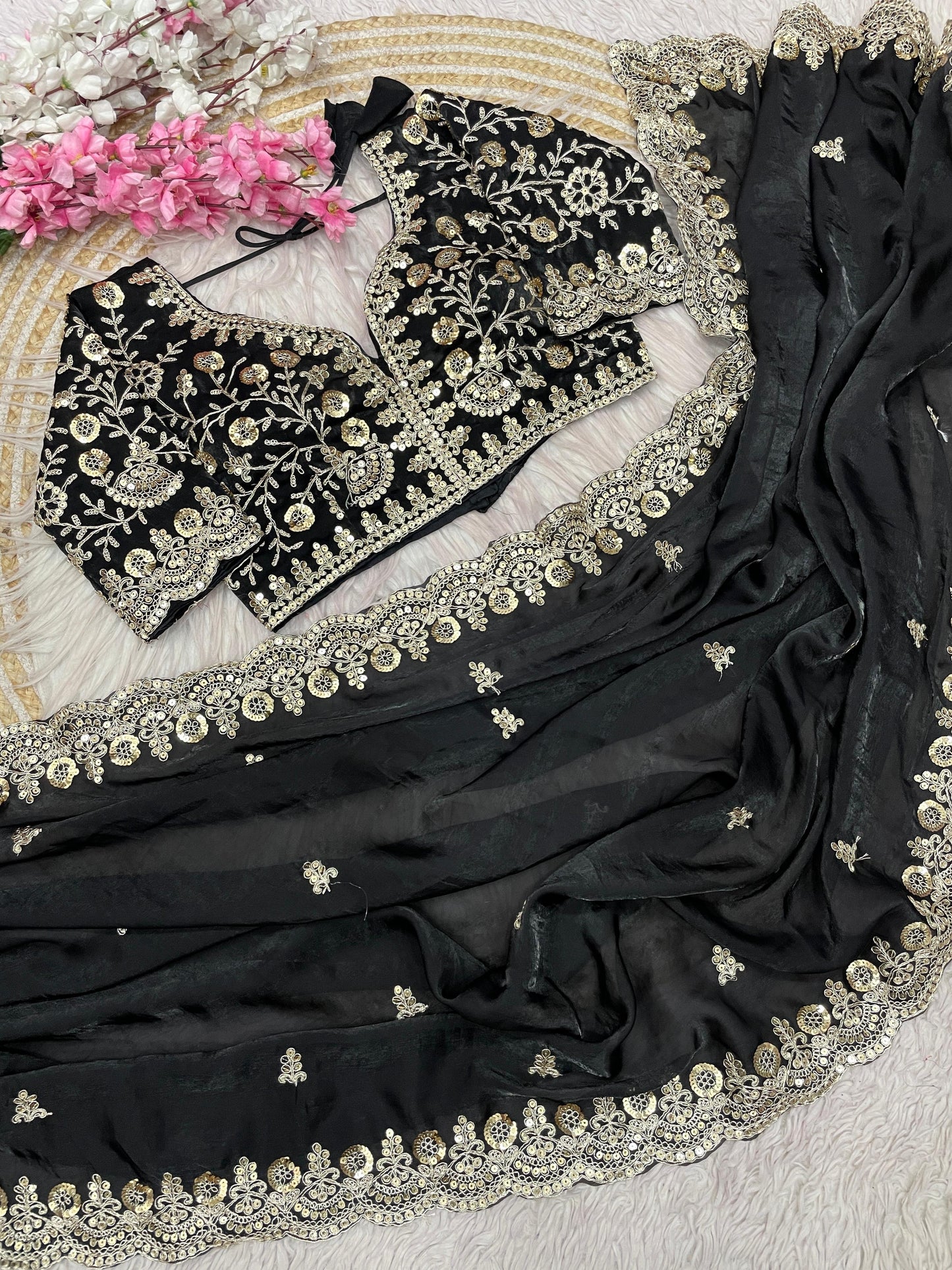 Kayatri New Fendy Satin Silk  Sequins with Jari Dori Embroidery work with Cutwork Border Sequins Butti in Pallu with Body Parts.