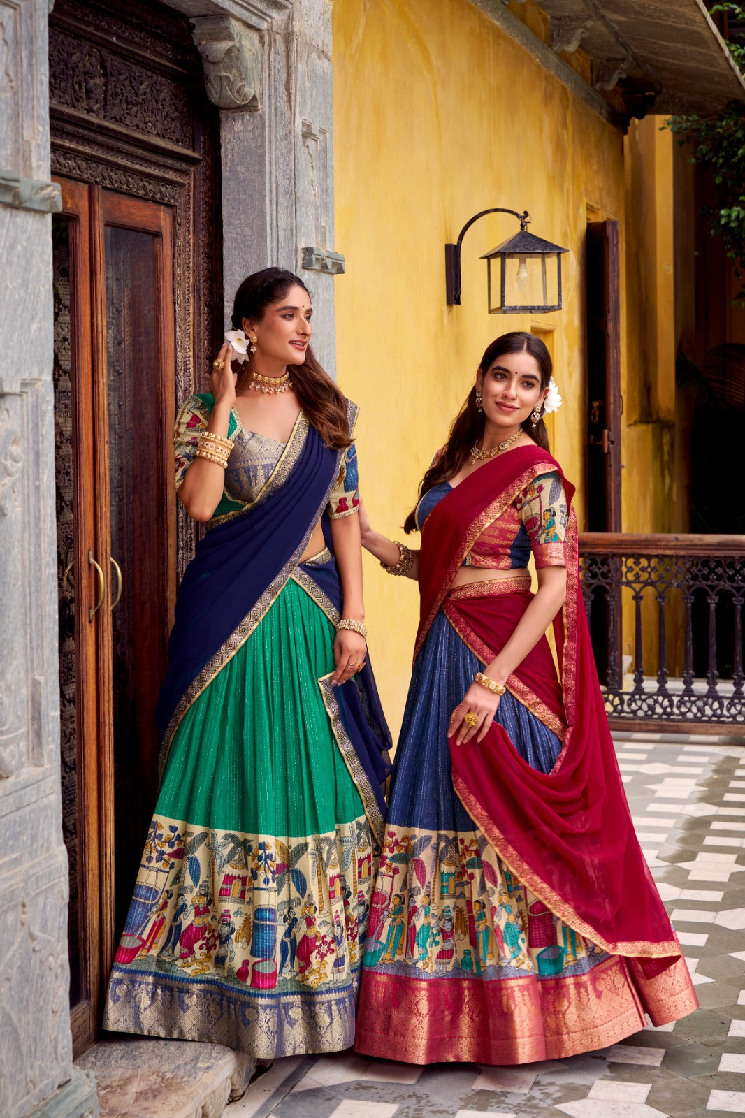 Kyatri New Elegance with this Poly Chanderi lehenga, designed with delicate Zari stripes and enhanced with Kalamkari prints