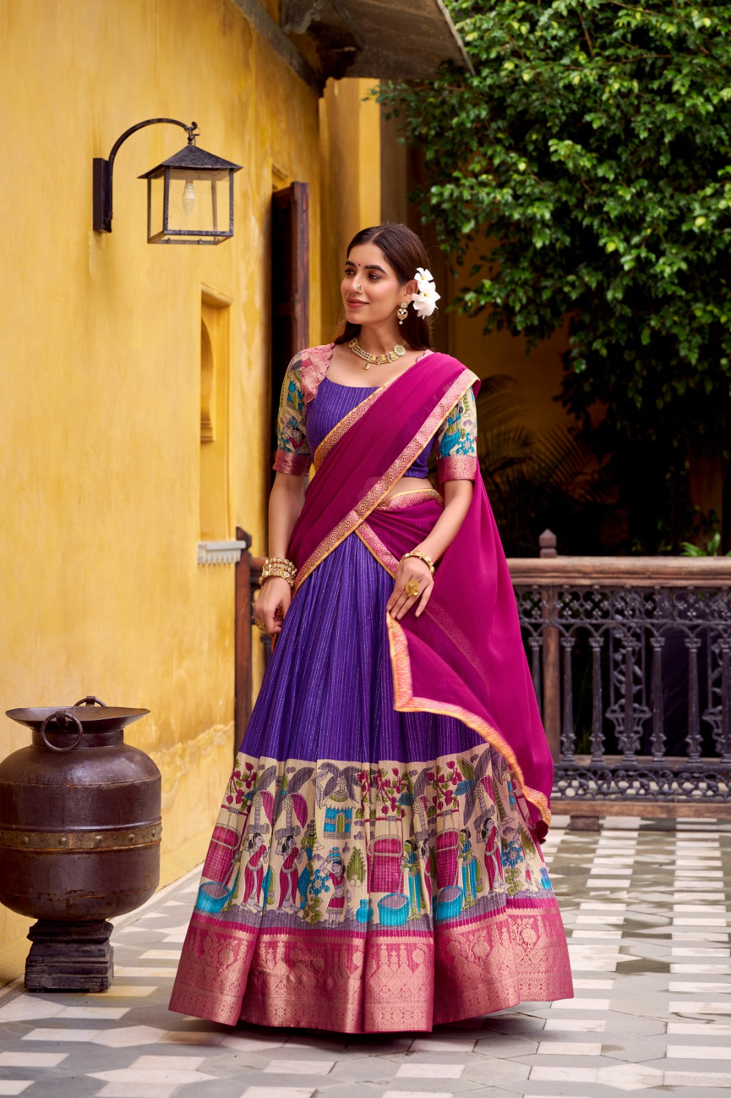Kyatri New Elegance with this Poly Chanderi lehenga, designed with delicate Zari stripes and enhanced with Kalamkari prints