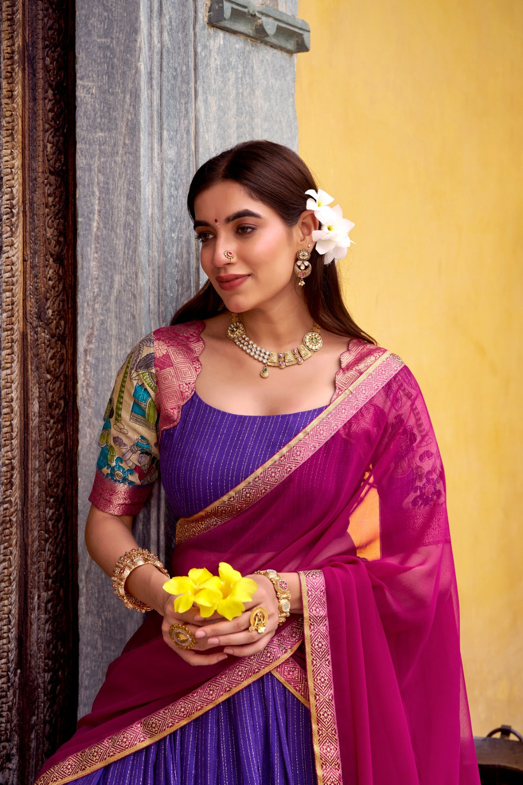 Kyatri New Elegance with this Poly Chanderi lehenga, designed with delicate Zari stripes and enhanced with Kalamkari prints