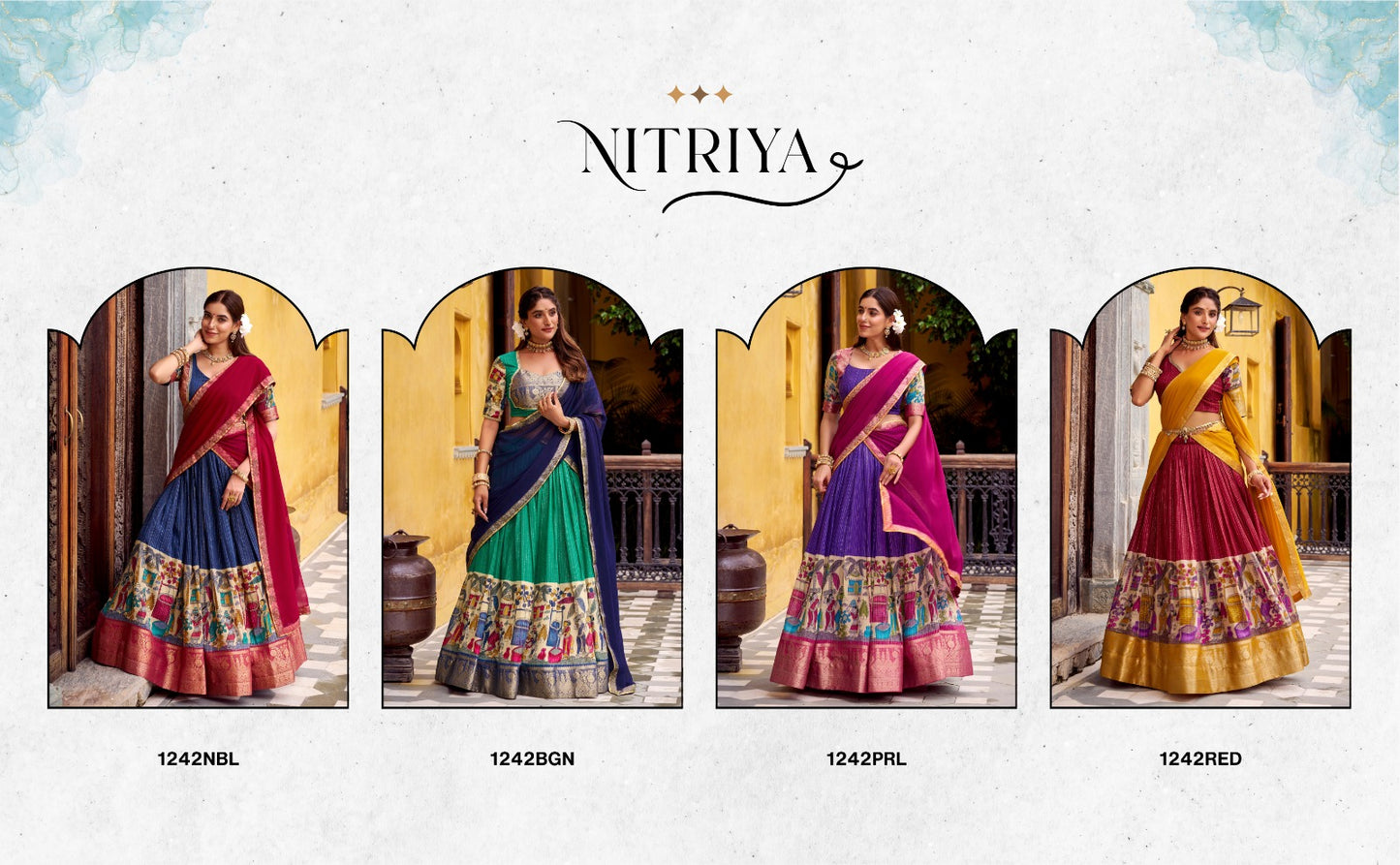 Kyatri New Elegance with this Poly Chanderi lehenga, designed with delicate Zari stripes and enhanced with Kalamkari prints