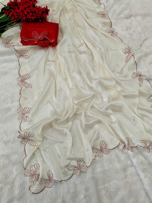 Kayatri New  Designer shiny Chiffon SILK with Beautiful aimond work with banglori blouse with butterfly diamond work
