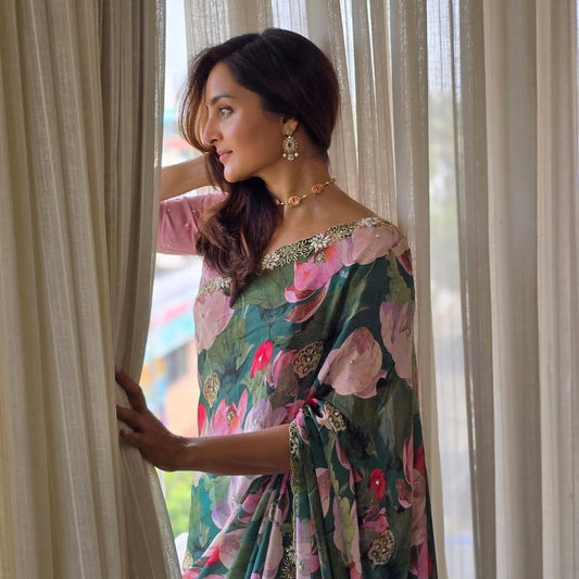 Kayatri New Chinnon fabric With digital print All over saree and beautiful handwork
