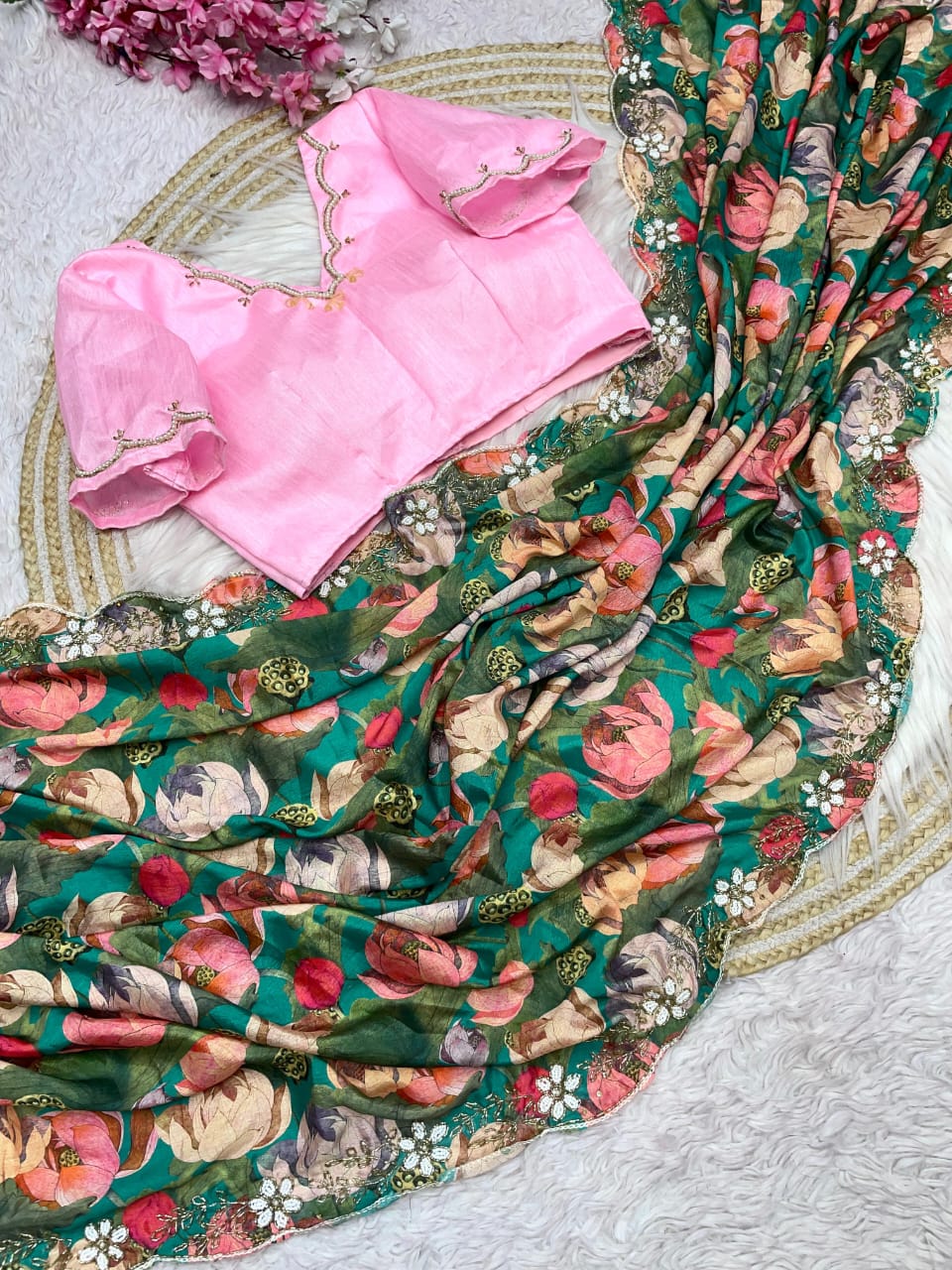 Kayatri New Chinnon fabric With digital print All over saree and beautiful handwork