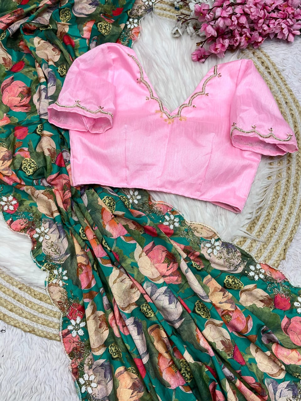 Kayatri New Chinnon fabric With digital print All over saree and beautiful handwork