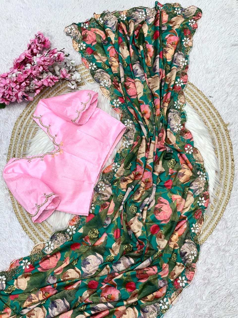 Kayatri New Chinnon fabric With digital print All over saree and beautiful handwork