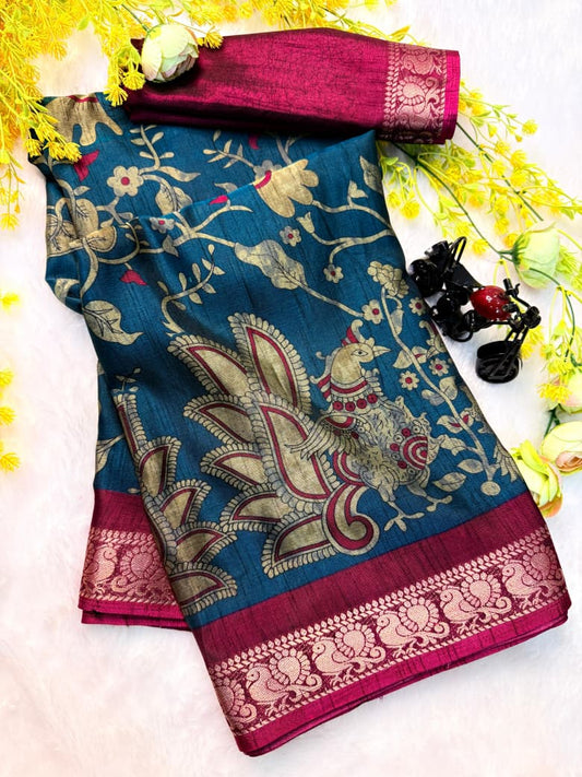 Kayatri New bleck dola silk sarees  with pen kalamkari design saree