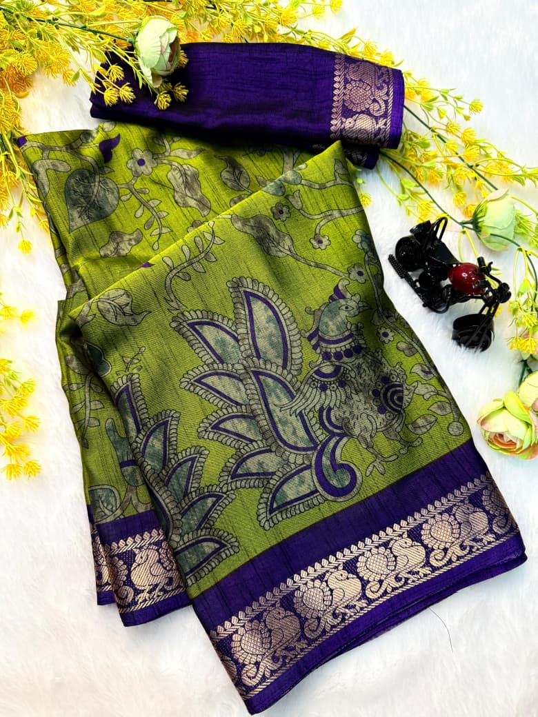 Kayatri New bleck dola silk sarees  with pen kalamkari design saree