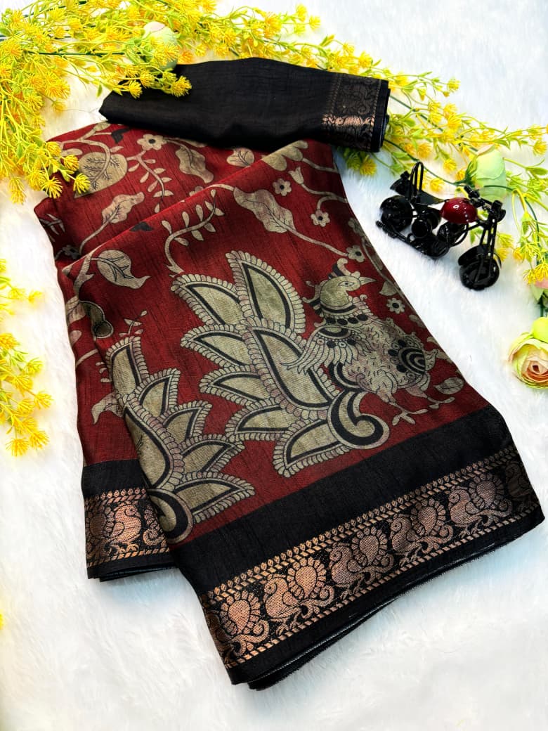 Kayatri New bleck dola silk sarees  with pen kalamkari design saree