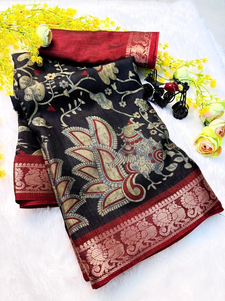 Kayatri New bleck dola silk sarees  with pen kalamkari design saree
