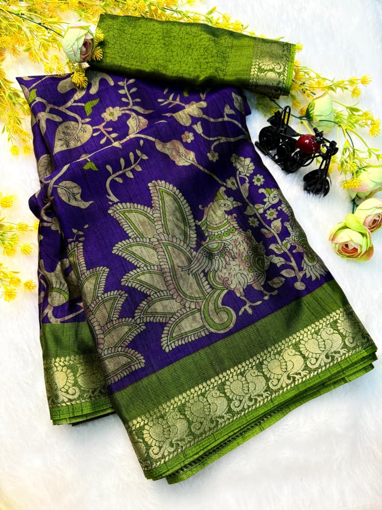 Kayatri New bleck dola silk sarees  with pen kalamkari design saree