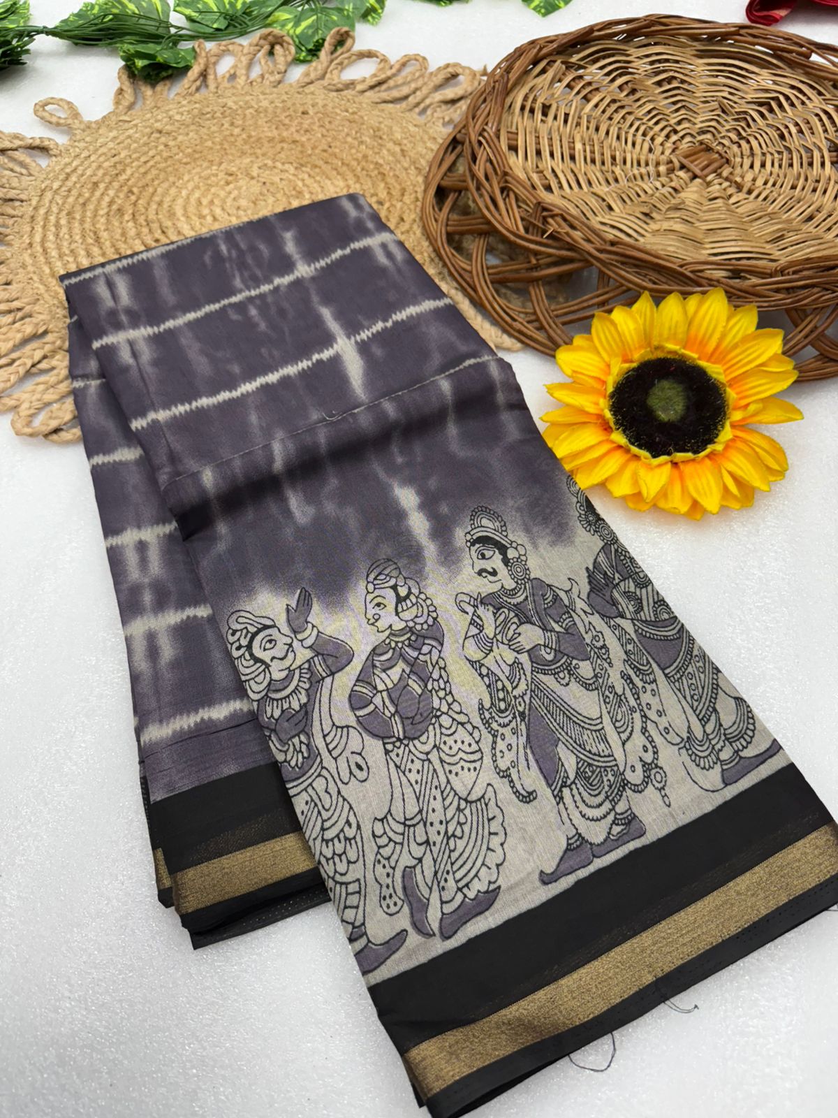 Kayatri New Soft Mul PV Cotton with Designer Kalamkari print & Zari border Saree