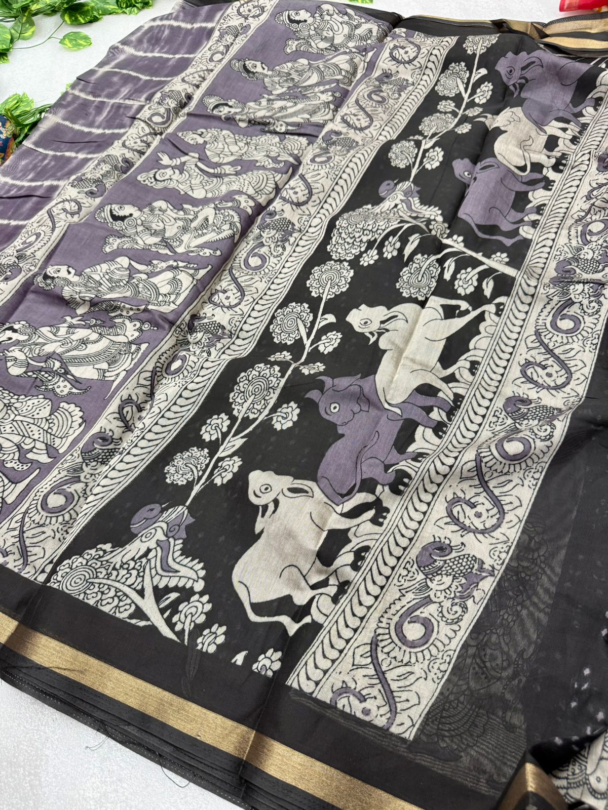 Kayatri New Soft Mul PV Cotton with Designer Kalamkari print & Zari border Saree