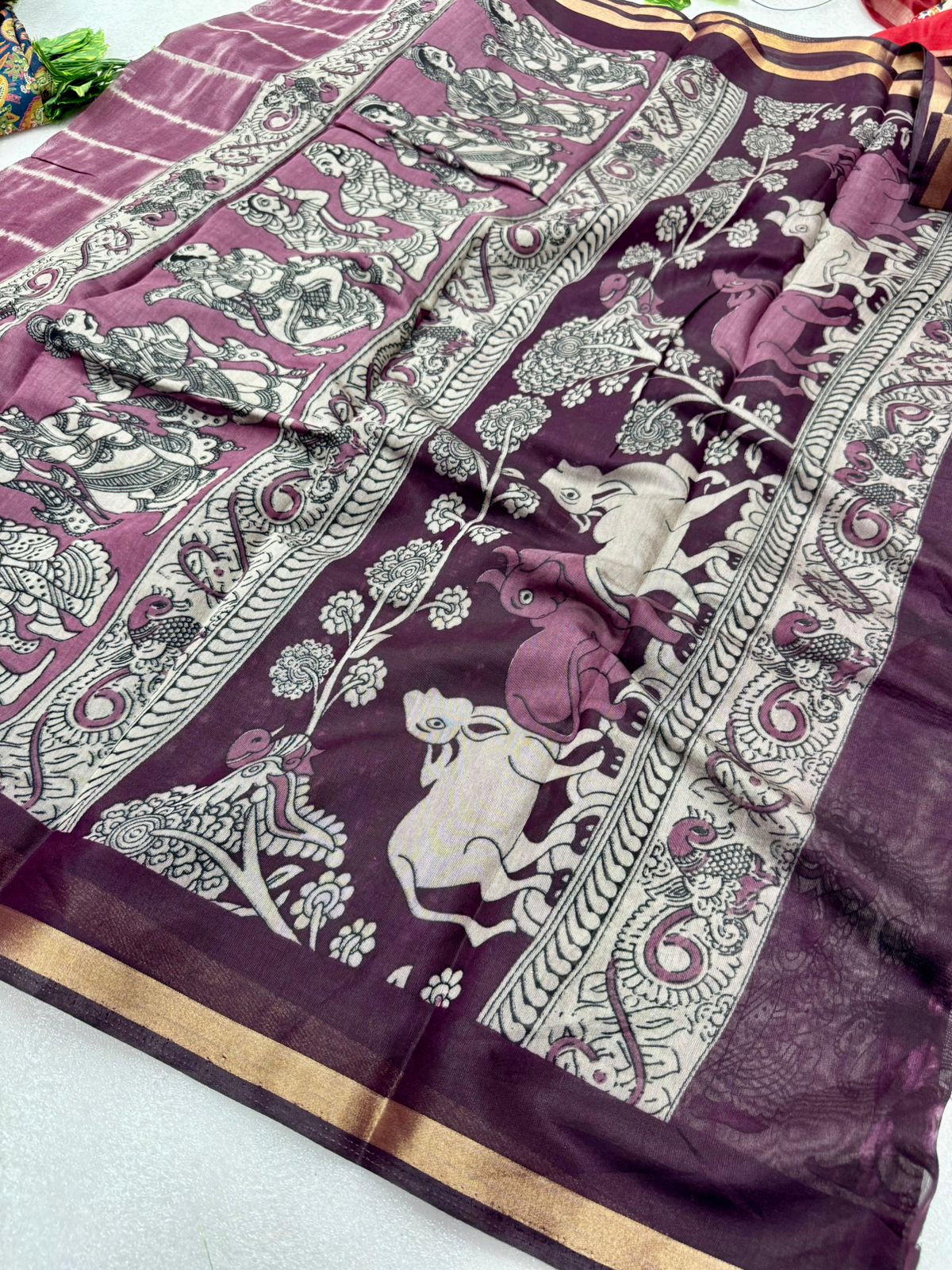 Kayatri New Soft Mul PV Cotton with Designer Kalamkari print & Zari border Saree