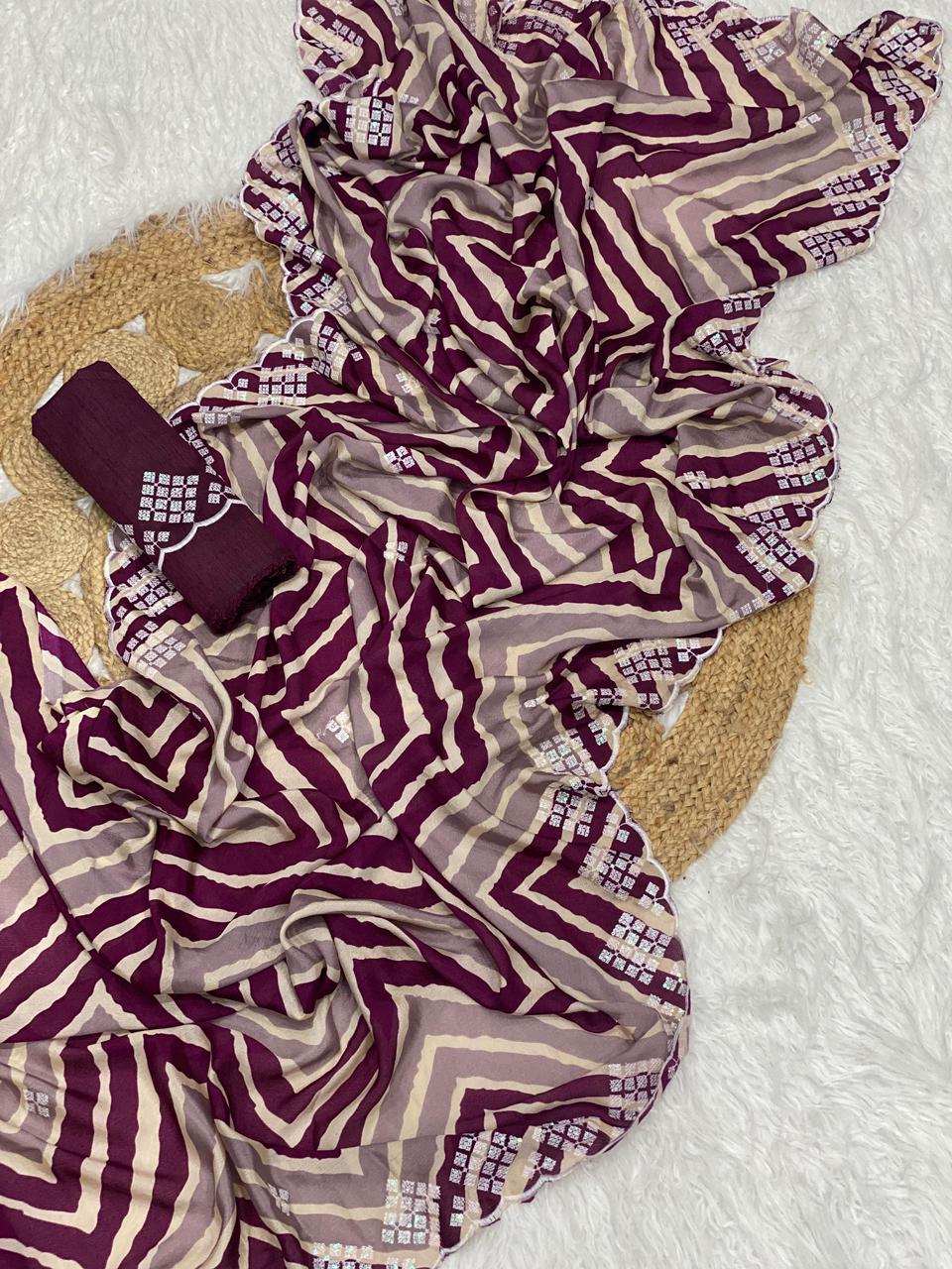 Kayatri New fabrics Chinon lehriya design pattern Heavy thread and sequence work