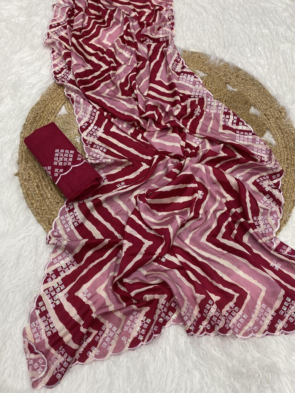 Kayatri New fabrics Chinon lehriya design pattern Heavy thread and sequence work