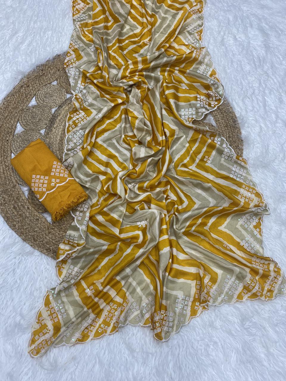 Kayatri New fabrics Chinon lehriya design pattern Heavy thread and sequence work