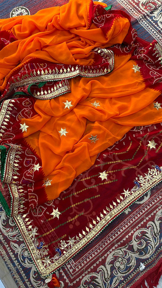 Kayatri New  60 grm jorjet peela & chunari red bhandhaj saree with beautiful hand gotta patti peacock work Saree