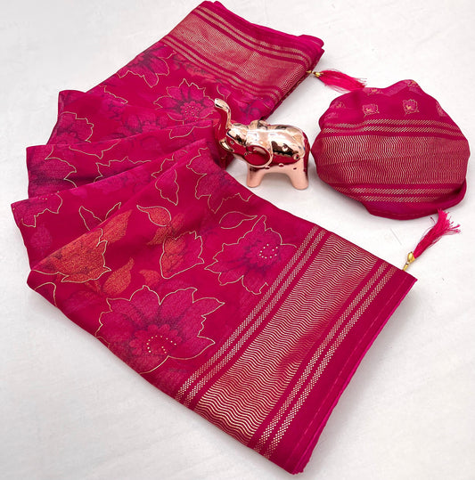 Kayatri New Bamber Viscose Georgette Mill Print With Foil Print And Ikat foil printed Blouse Saree