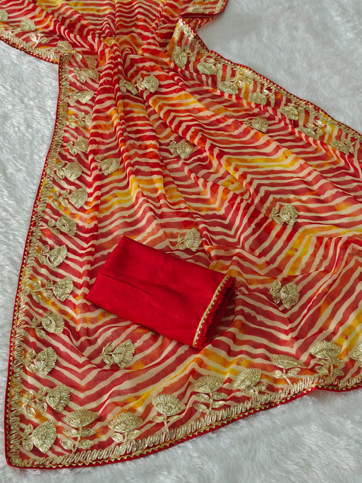 Kayatri New fabrics Georgette lehriya print designer Riban work Saree