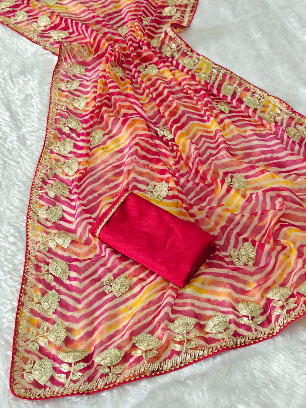 Kayatri New fabrics Georgette lehriya print designer Riban work Saree