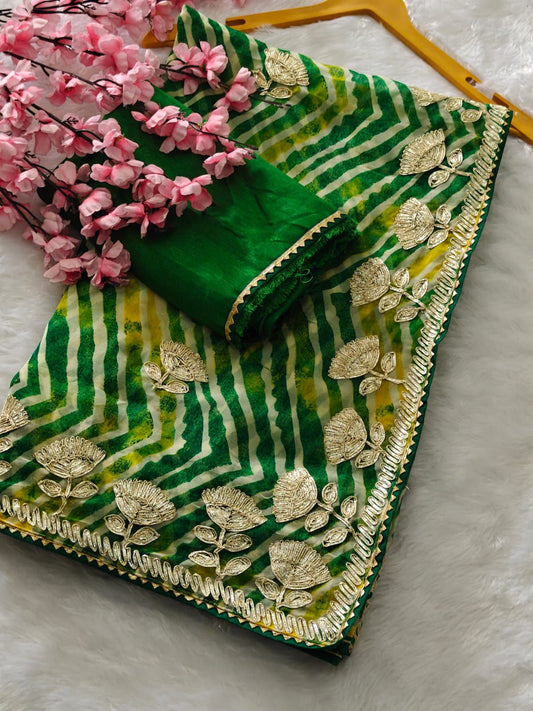 Kayatri New fabrics Georgette lehriya print designer Riban work Saree