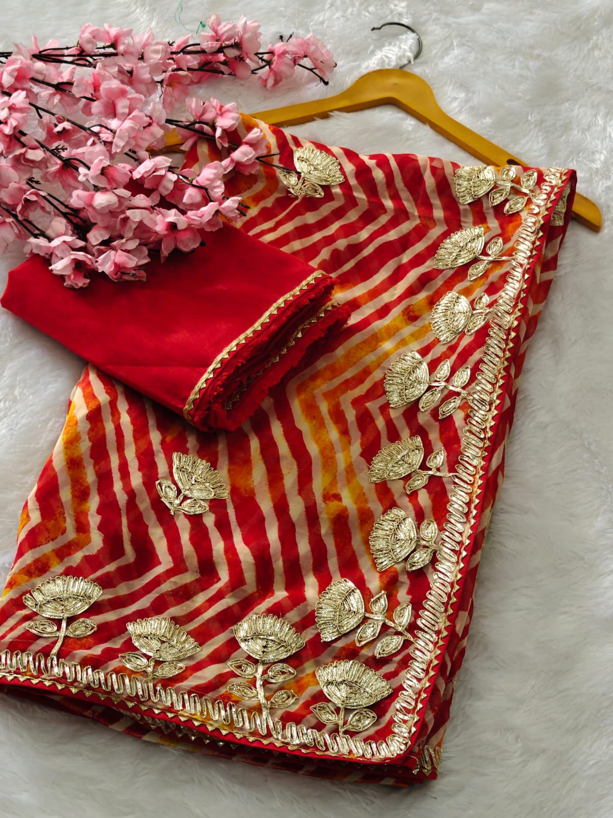Kayatri New fabrics Georgette lehriya print designer Riban work Saree