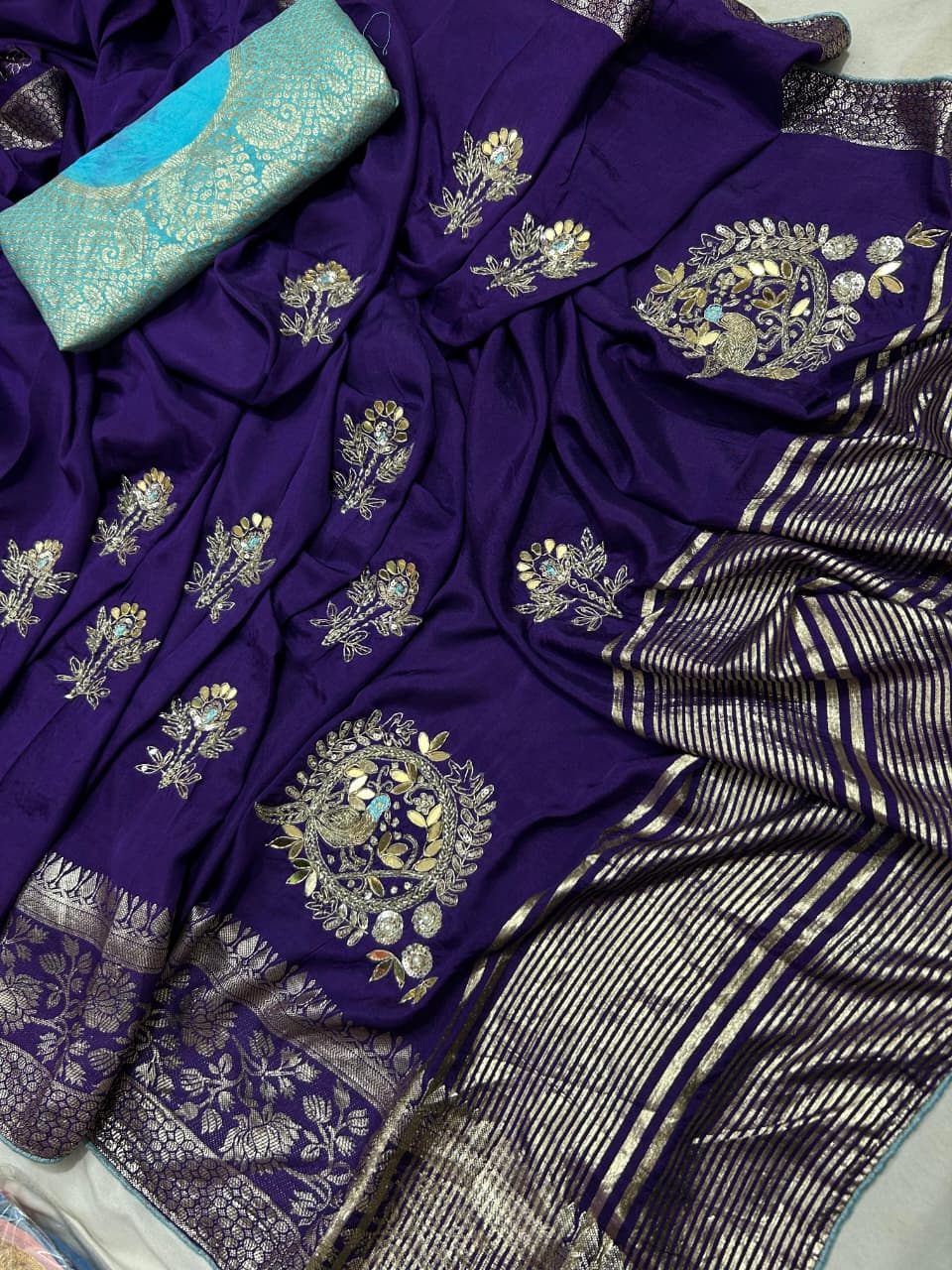Kayatri New Pure moonga silk jari saree with beautiful hand peacock work with contrast blouse Saree