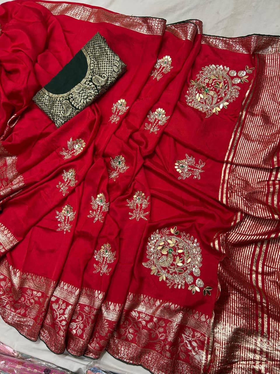 Kayatri New Pure moonga silk jari saree with beautiful hand peacock work with contrast blouse Saree
