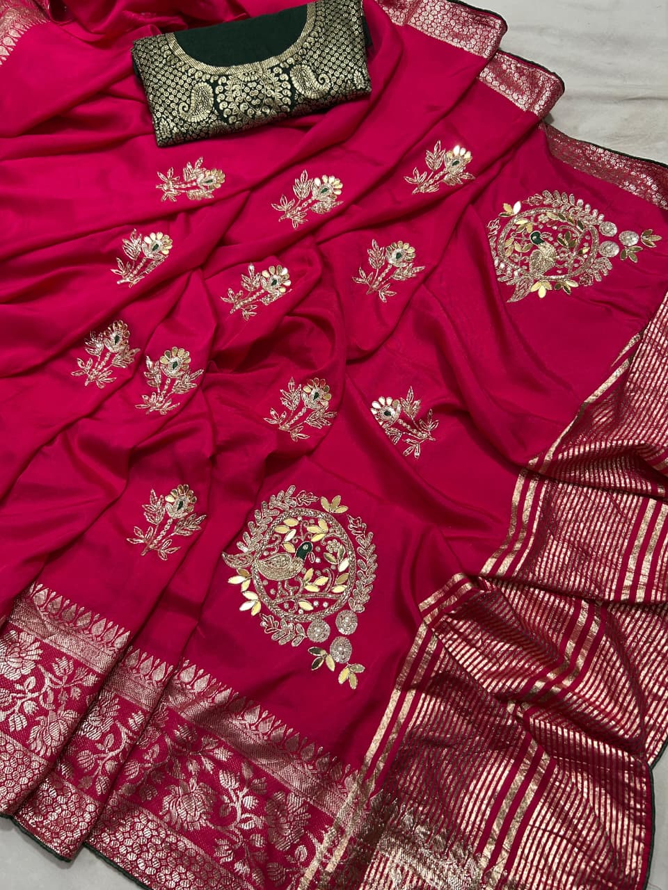 Kayatri New Pure moonga silk jari saree with beautiful hand peacock work with contrast blouse Saree
