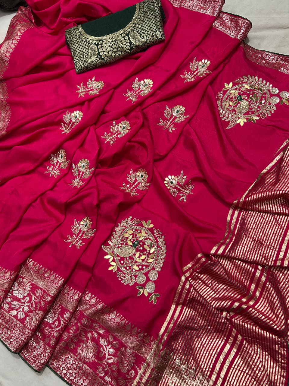 Kayatri New Pure moonga silk jari saree with beautiful hand peacock work with contrast blouse Saree