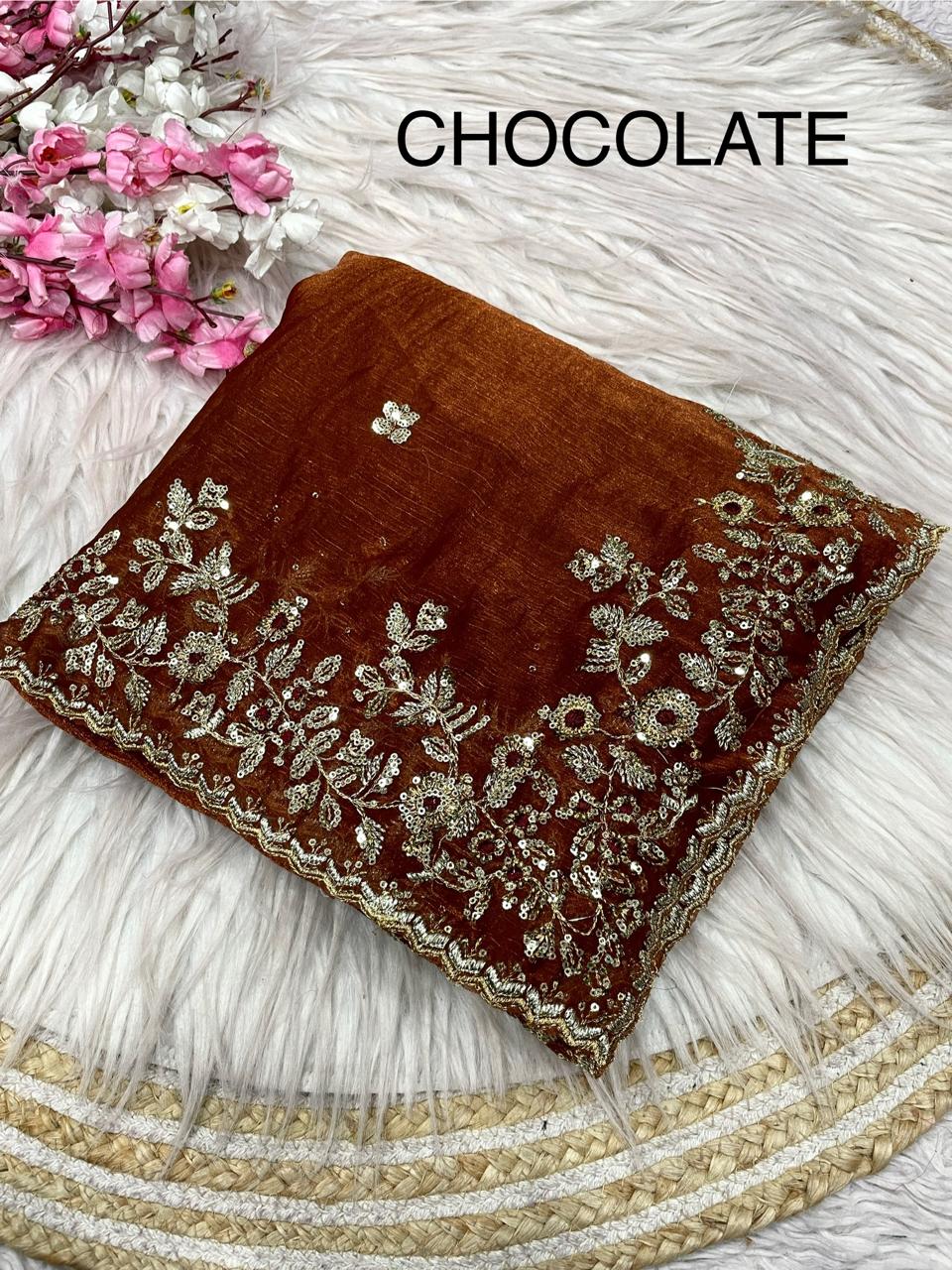 Kayatri New Fendy  Chiffon Coding embroidery work with  Sequence Butti in  Body Parts Saree