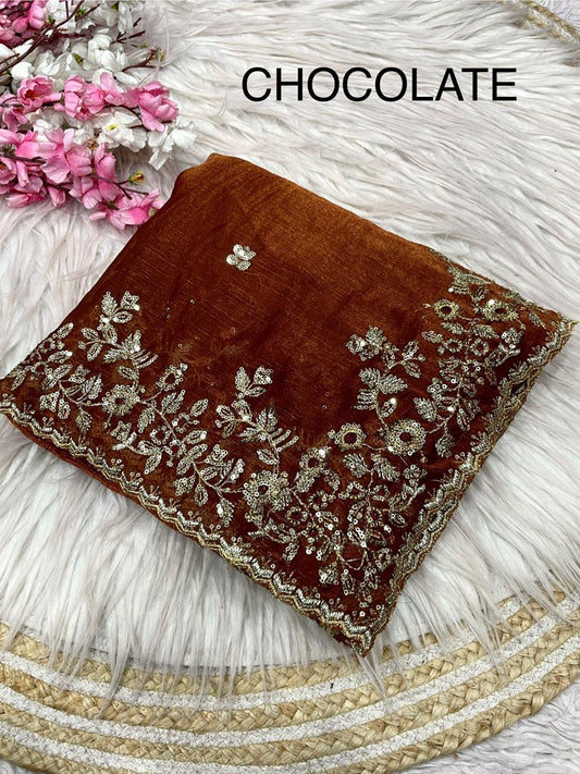 Kayatri New Fendy  Chiffon Coding embroidery work with  Sequence Butti in  Body Parts Saree