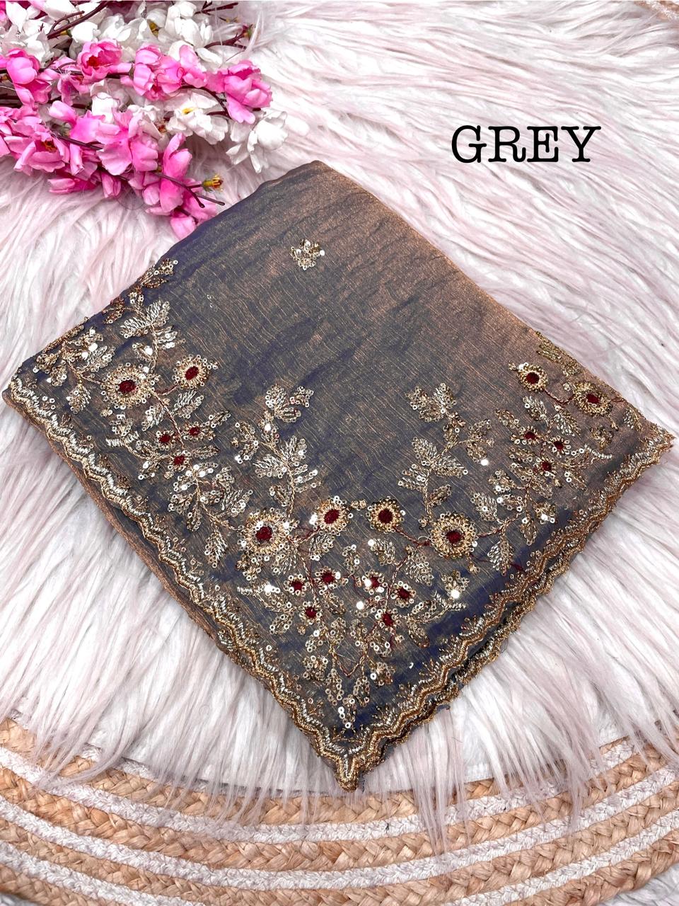 Kayatri New Fendy  Chiffon Coding embroidery work with  Sequence Butti in  Body Parts Saree