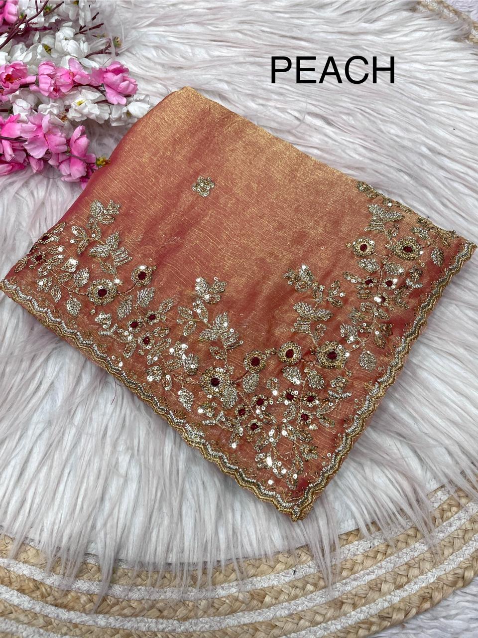 Kayatri New Fendy  Chiffon Coding embroidery work with  Sequence Butti in  Body Parts Saree
