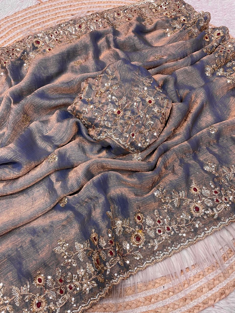 Kayatri New Fendy  Chiffon Coding embroidery work with  Sequence Butti in  Body Parts Saree