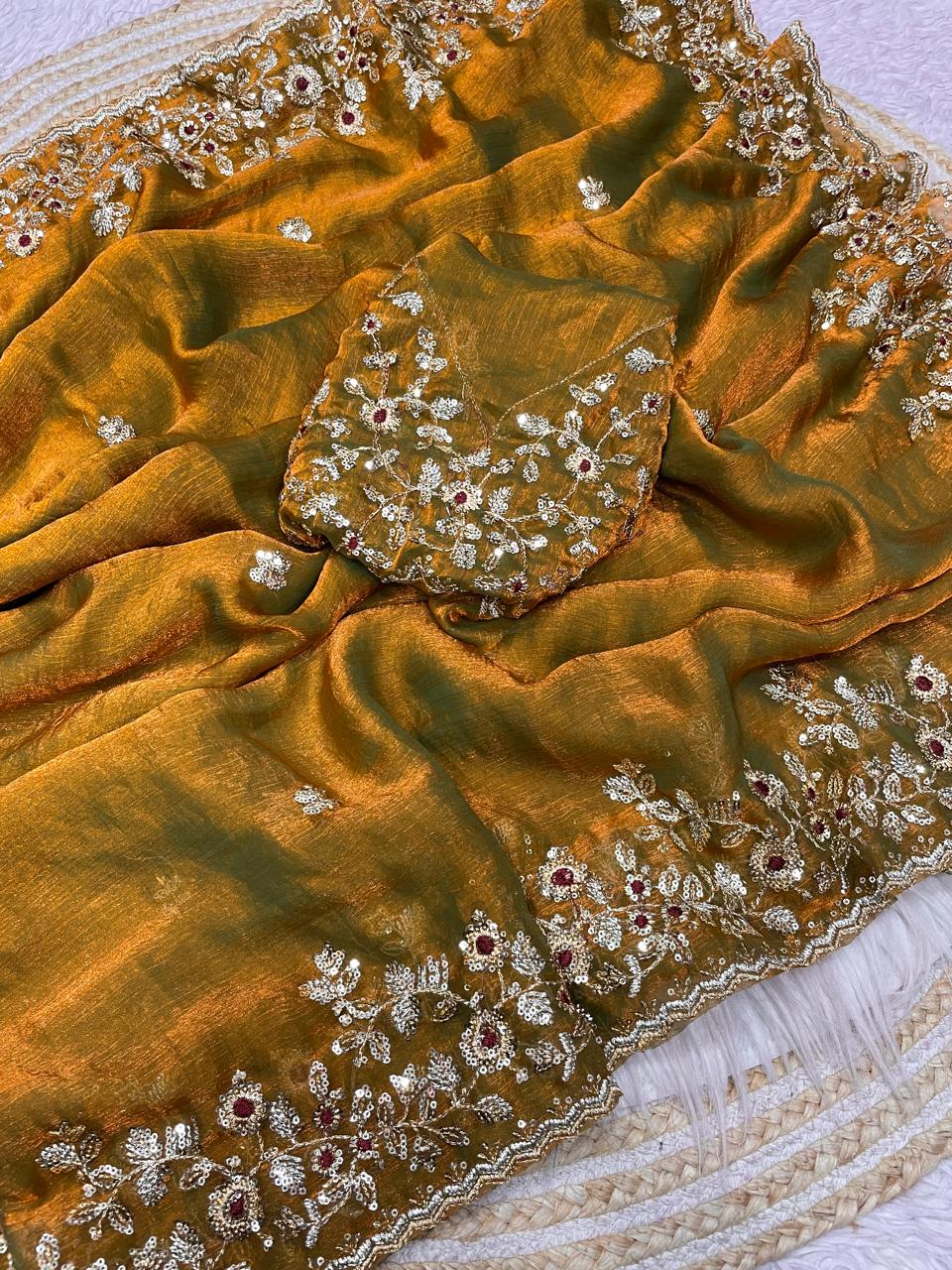 Kayatri New Fendy  Chiffon Coding embroidery work with  Sequence Butti in  Body Parts Saree