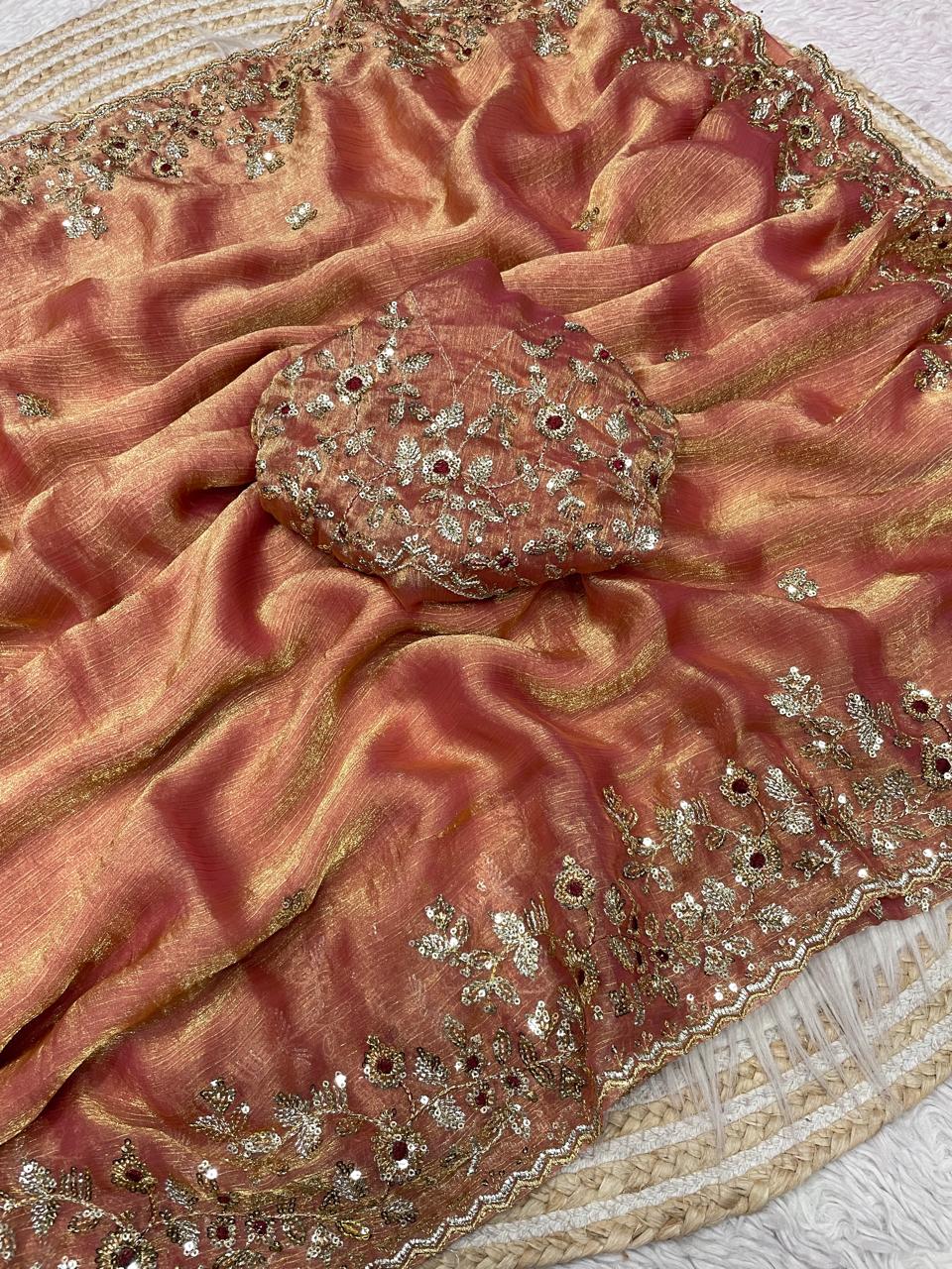 Kayatri New Fendy  Chiffon Coding embroidery work with  Sequence Butti in  Body Parts Saree