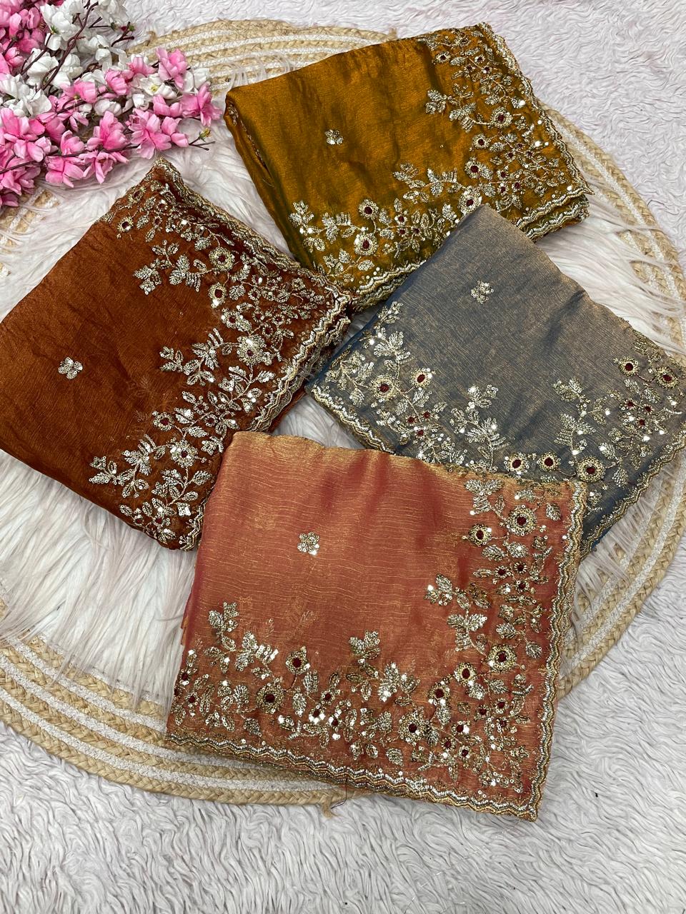 Kayatri New Fendy  Chiffon Coding embroidery work with  Sequence Butti in  Body Parts Saree