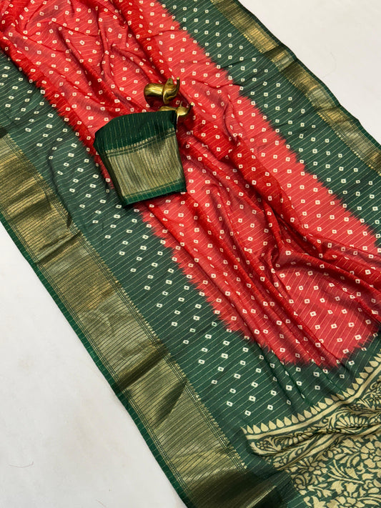 Kayatri New Beautiful dola rekko zari sarees with all over beautiful bandhani print with zari border
