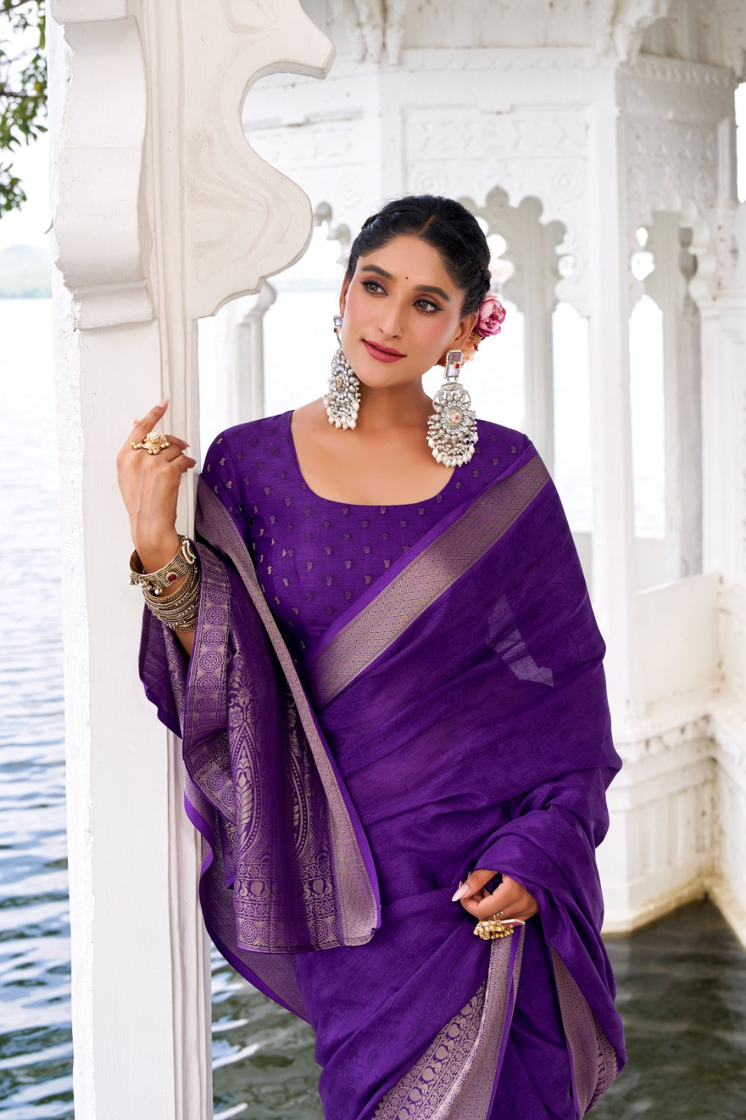 Kayatri New Draped in Chinon charm Self Printed With Zari Weaving Work Saree