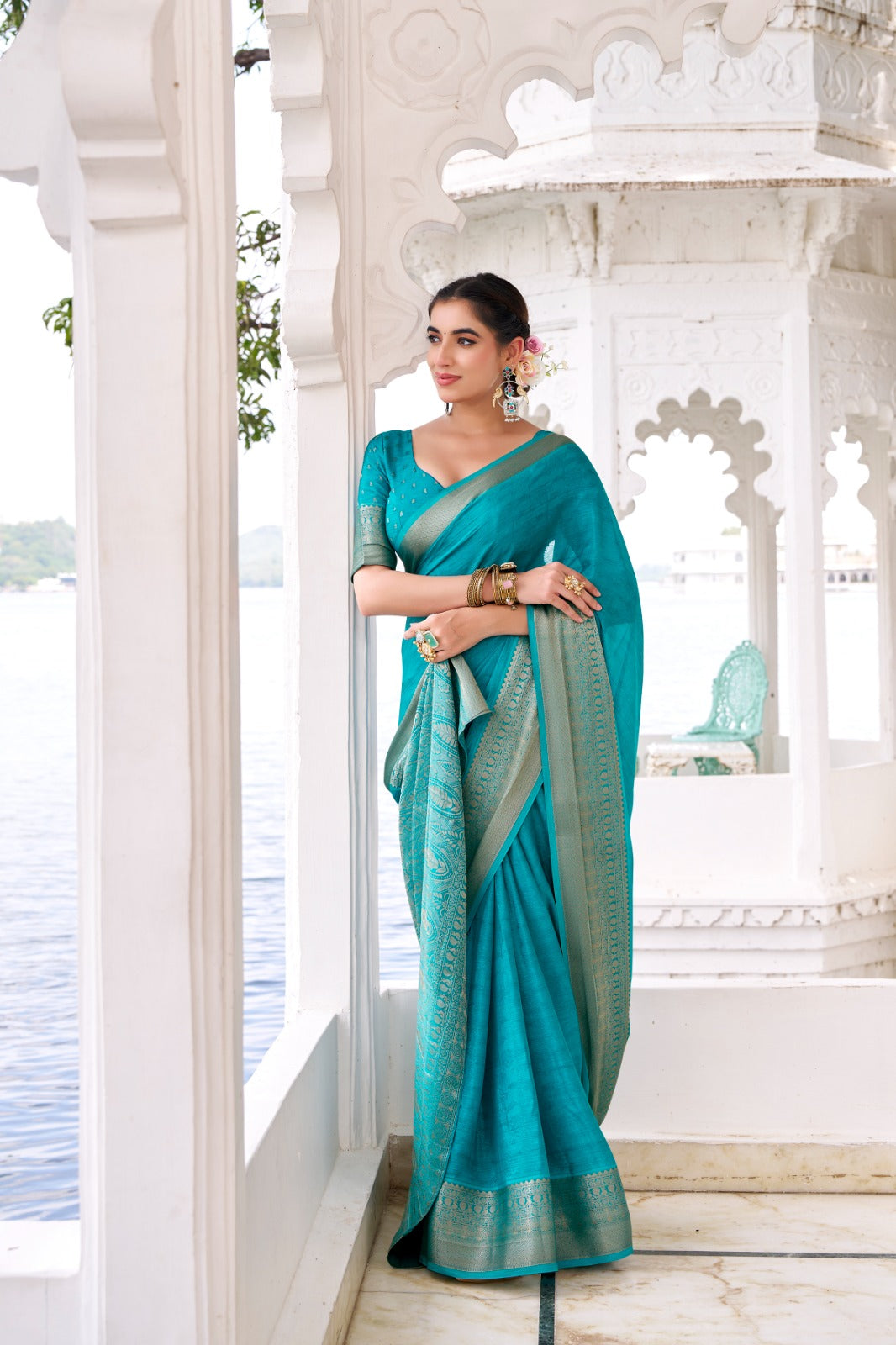 Kayatri New Draped in Chinon charm Self Printed With Zari Weaving Work Saree