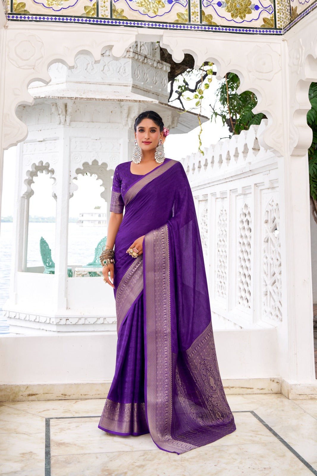 Kayatri New Draped in Chinon charm Self Printed With Zari Weaving Work Saree